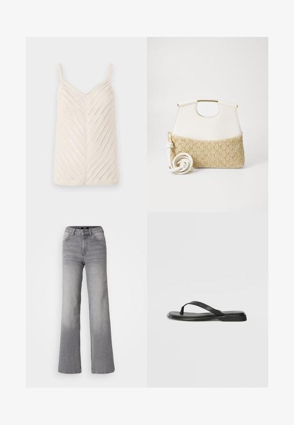 Pletený top bez rukávov v off-white farbe s chevronovým vzorom, vybavený tenkými ramennými popruhmi a textúrovaným povrchom. Základný tvar, bez ďalších akcentov.; Džínsy z šedej denimu s vysokým pásom a rovnými nohavicami, s predným gombíkom a zipsom, prednými a zadnými vreckami, a vybledlým tieňovaním na stehnách a lýtkach.; Čierne šľapky vyrobené z hladkej kože, s tenkým pásikom a plochou podrážkou s minimalistickým profilom. Bez výrazných vzorov alebo akcentov.; Biely kožený kabelka so štruktúrovaným krémovým tkaným dnom. Obsahuje zlatý úchyt a vinutý biely popruh pre univerzálnosť.