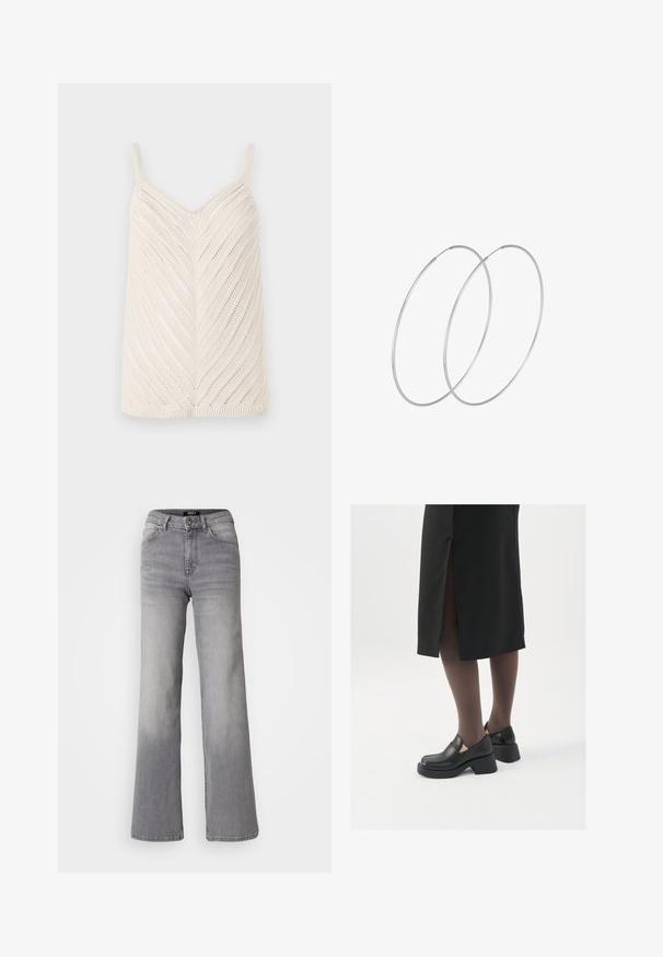 Pletený top bez rukávov v off-white farbe s chevronovým vzorom, vybavený tenkými ramennými popruhmi a textúrovaným povrchom. Základný tvar, bez ďalších akcentov.; Džínsy z šedej denimu s vysokým pásom a rovnými nohavicami, s predným gombíkom a zipsom, prednými a zadnými vreckami, a vybledlým tieňovaním na stehnách a lýtkach.; Čierne kožené topánky s okrúhlou špičkou, silným blokovým opätkom a elastickými bočnými akcentmi, skombinované s tmavými pančuchami a čiernou sukňou so štiepením.; Strieborné kruhové náušnice s minimalistickým dizajnom. Cirkulárny tvar, hladký povrch a tenký profil. Ľahké s lesklým povrchom.
