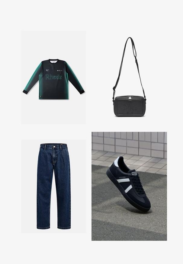 Long-sleeve jersey in gradient black and teal, featuring a round neck, textured fabric, and "Rivvia" logo in light green on the front.; Dark blue denim jeans with a straight-leg design. Features visible stitching, a button closure, and front pleats for added detail.; Black leather sneaker with white stripes, textured rubber sole, and lace-up front. Features a branded label on the tongue.; Black leather crossbody bag with a zip closure, embossed logo on the front, and adjustable strap. Smooth texture with a rectangular shape.