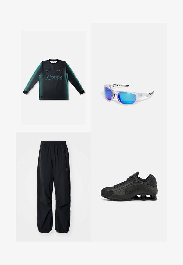 Long-sleeve jersey in gradient black and teal, featuring a round neck, textured fabric, and "Rivvia" logo in light green on the front.; Black lightweight cargo pants with an elastic waistband, side zippers, and spacious pockets. Features a loose fit and tapered cuffs.; Black running shoes featuring a smooth synthetic upper, perforated accents, textured side panels, and a distinct springy sole.; Sports sunglasses with clear frames, blue and purple mirrored lenses, angular design, and black accents on the temples.
