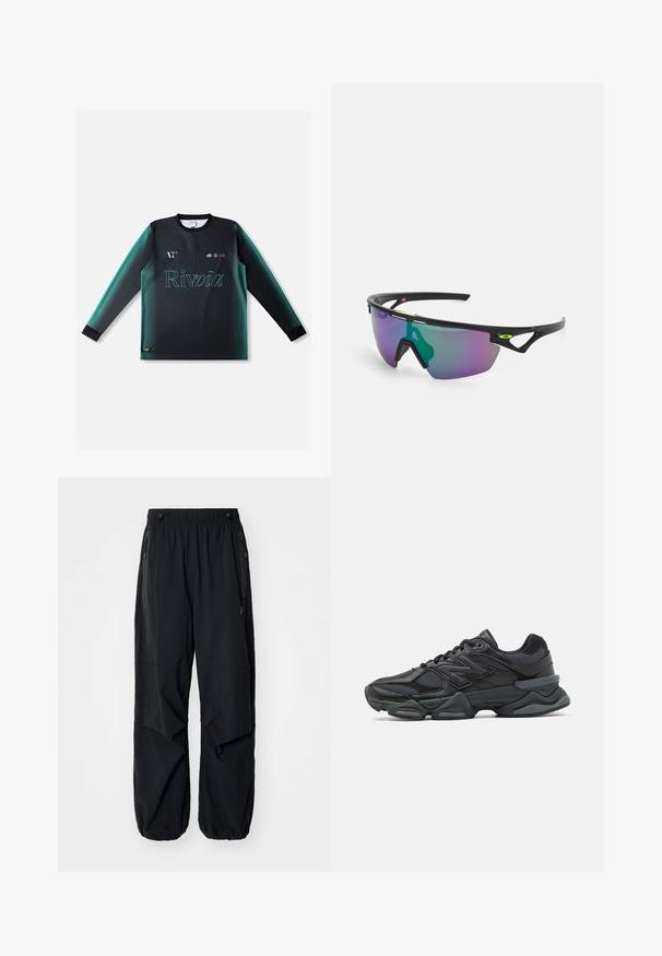 Langærmet trøje i gradient sort og teal, med rund hals, tekstureret stof og "Rivvia"-logo i lysegrøn på forsiden.; Sorte letvægts cargo bukser med elastisk talje, sidelommer med lynlås og rummelige lommer. Har en løs pasform og tapered cuffs.; Sorte løbesko med en blanding af mesh og syntetiske materialer, kraftig sål, buet design og fremtrædende branding på siden.; Sports solbriller med en sort ramme, store gradient linser med lilla og grønne nuancer, samt vinklet design med logo detaljer.