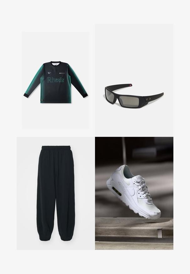 Long-sleeve jersey in gradient black and teal, featuring a round neck, textured fabric, and "Rivvia" logo in light green on the front.; Black, elasticated-waist sweatpants with a loose fit, cuffed ankles, smooth texture, and no visible patterns or hardware accents.; White Nike Air Max 90 sneaker featuring a mesh and leather upper, perforated toe box, and a visible air unit in the heel.; Black sunglasses with a matte finish, rectangular lenses, slight curve on temples, subtle logo detail, and smoke-tinted lenses.