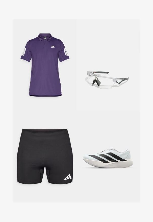 Purple polo shirt made of smooth fabric, featuring a three-button collar, white Adidas logo on the chest, and three vertical stripes on the sleeves.; Black athletic shorts made of stretch fabric, featuring a snug fit, flatlock seams, and a white three-stripe logo on the lower right side.; Lightweight running shoes in pale blue with black stripes. Features a smooth upper, round toe, and thick white midsole labeled "LIGHTSTRIKE PRO."; Clear safety glasses with a lightweight, transparent frame and gray accents. Features a wraparound design and adjustable nosepiece.