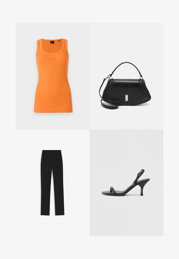 Orange gestreifter Tanktop mit rundem Ausschnitt und aufgesticktem BOSS-Logo in der Mitte. Enganliegende Silhouette, leichtes Material und ärmelloses Design.; Schwarze maßgeschneiderte Hose mit geradem Bein, ausgestattet mit Fronttaschen und einem glatten, strukturierten Stoff. Saubere, minimale Details.; Schwarze Leder-Sandalen mit hohen Absätzen, schlankem, gebogenem Absatz und gekreuztem Riemendesign. Verstellbarer Knöchelriemen. Glatte Textur.; Schwarze Lederhandtasche mit einem strukturierten Design, das eine verkürzte Form, einen oberen Griff und goldfarbene Hardware-Details aufweist. Verstellbarer Schulterriemen ist enthalten.
