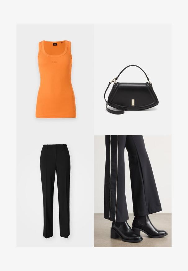 Oransje ribbet tanktop med rund hals og BOSS-logo brodert på midten. Fitted silhuett, lett stoff og uten ermer.; Sorte skreddersydde bukser med rett silhuett, med en glatt tekstur og klare pressede bretter foran. Ingen synlig maskinvare.; Sorte skinn ankle boots med blokkhæl, med elastiske sidepaneler. Kombinert med sorte bukser som har en hvit sidestripe.; Sort lærveske med en strukturert design, som har en avkortet form, topphåndtak og detaljer i gull. Justerbar skulderstropp inkludert.