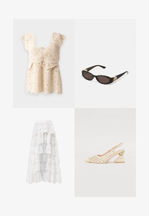 Top in crochet beige con orlo a scallop, motivi floreali e maniche corte a balze. Presenta dettagli in pizzo intricati su tutto il tessuto.; Hofmann Copenhagen EXCLUSIVE GENEVIVE - Top - off white; Gonna di pizzo bianca con un design a strati e bordi scallop. Il materiale presenta un motivo floreale e una texture che creano un aspetto stratificato.; Scarpa slingback beige con tomaia perforata, punta affilata e un tacco triangolare a contrasto con un accento dorato. Texture liscia nel complesso.; Occhiali da sole tartarugati con lenti ovali allungate, tonalità marrone, accenti dorati con logo sulle tempie e aste nere eleganti.; Borsa a mano floreale bianca con superficie in tessuto arricciato, tracolla in catena dorata e chiusura in metallo. Presenta petali testurizzati per un tocco di dettaglio in più.