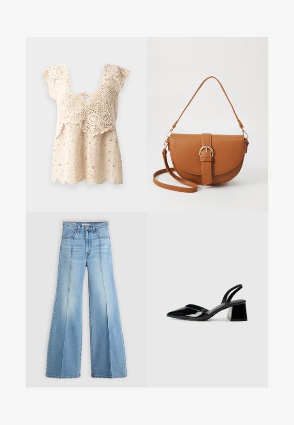 Beige virkattu toppi, jossa on aaltoileva helma, kukkakuviot ja lyhyet, rypytetyt hihat. Kankaassa on koko matkalta monimutkaista pitsiyksityiskohtaa.; Vaaleansiniset korkeavyötäröiset farkut, joissa on leveät lahkeet, etu- ja takataskut, vyölenkit sekä pystysaumadetailit edessä.; Mustat patentoitu nahkakengät, joissa on säären takaosa ja terävä kärki, sekä geometrinen palikkakorko. Sisältää tyylikkään, minimalistisen muotoilun ja sileän pinnan.; Ruskean nahkainen olkalaukku, jossa on kaareva muoto, kultaiset yksityiskohdat ja solkiyksityiskohta. Varustettu irrotettavalla olkahihnalla.