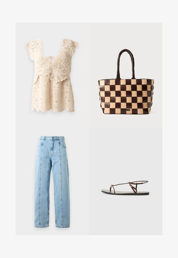 Bežna kvačkana majica s valovitim rubom, cvetnimi vzorci in kratkimi, nabranimi rokavi. Ima zapleteno čipkastih detajlov po celotni tkanini.; Svijetloplave traperice visokog struka ravnog kroja s prednjim šavovima, bočnim džepovima, petljama za remen i metalnim dugmetom za zatvaranje.; Rjavi usnjeni sandal s tankimi trakovi, zlato krožno okrasje in ravnim podplatom. Minimalističen dizajn z nastavljivim zaponko.; Rjava in bež usnjena torbica za čez ramo z opletenim šahovskim vzorcem in pletenimi ročaji na beli podlagi.