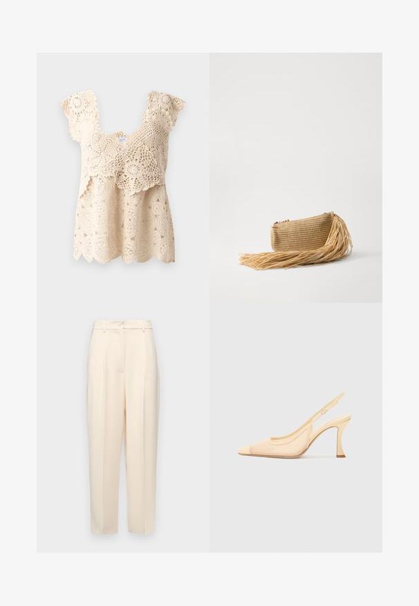 Beige crochet top with scalloped hem, floral patterns, and short, ruffled sleeves. Features intricate lace detailing throughout the fabric.; Beige tailored trousers with a straight fit, featuring pleats at the front, a smooth texture, and a mid-rise waist. No visible pockets.; Slingback high heel shoe in light beige mesh with a pointed toe and a slim, curved heel, featuring a minimalistic buckle accent.; Cult Gaia VIERA - Clutch - natural