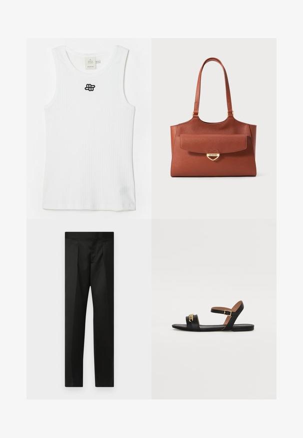 Canottiera bianca a coste in cotone, con scollatura rotonda e un logo ricamato in nero sulla parte superiore sinistra. Design semplice, senza maniche.; Pantaloni neri realizzati in un tessuto morbido, design su misura, gambe dritte e una vita piatta senza chiusure o tasche visibili.; Sandal in pelle nera con suola piatta, una sola fascia per le dita e una fascia alla caviglia con una fibbia dorata. Dettaglio decorativo a catena sul davanti.; Borsa a tracolla in pelle marrone con manici lunghi, tasca anteriore con patta e chiusura a forma di cuore dorata incisa con "Love Moschino."