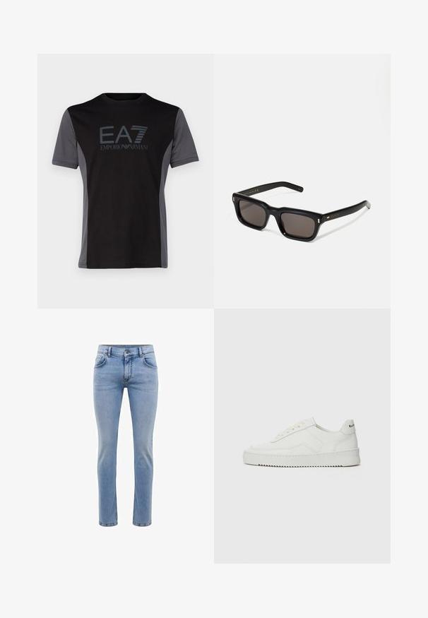 EA7 Emporio Armani Apdrukāts T-krekls - black; Gai zila denima bikses ar šauru piegriezumu, piecām kabatām un taisnu kāju dizainu. Iekļautas rāvējslēdzēju aizdare un jostas cilpas. Mīksta tekstūra.; Baltas ādas sneakers ar gludu virsmu, apaļu pirkstu daļu, plakaniem šņorēm un teksturētu zoli. Satur diskrētu logotipu uz papēža.; Melnas taisnstūra formas saulesbrilles ar tumšiem stikliem, bieza plastmasas rāmja, zelta akcenti pie tempļiem un zīmola logo iegravēts roku daļā.