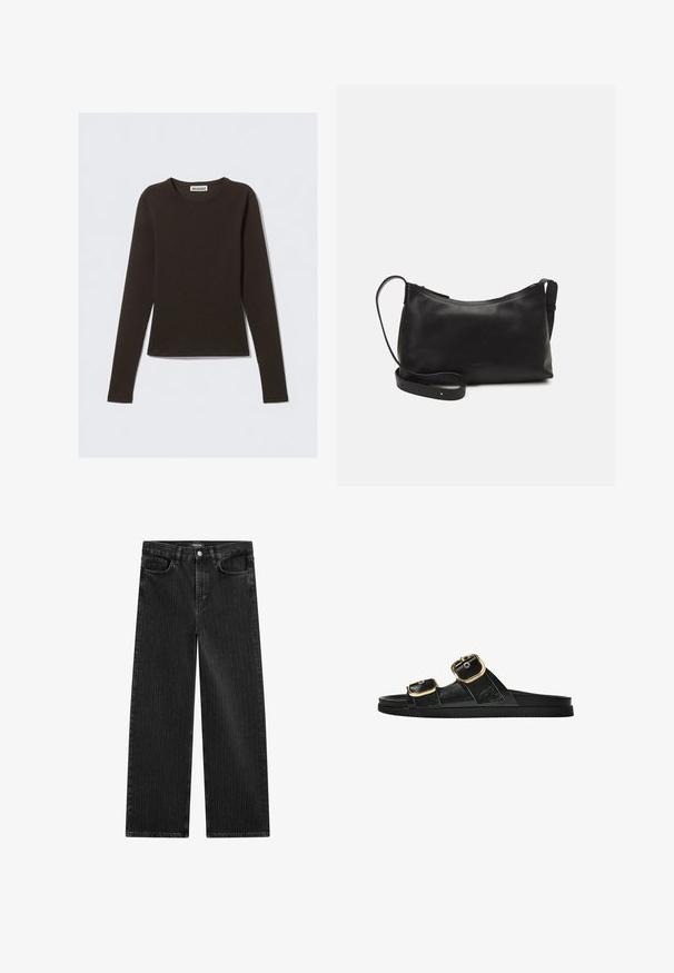 Langærmet top i mørkebrun, lavet af blødt, strækbart stof. Har en rund halsudskæring og en tætsiddende pasform. Mærket hedder "WEEKDAY."; Bredde ben sorte denimbukser med en subtil lodret stribepattern, der har fem lomme-design og en klassisk knaplukning i taljen.; Sort skridsandal med to guldspænder, glat tekstureret materiale, flad sål og et minimalistisk design.; Sort læder skuldertaske med en glat tekstur, buet form, justerbar rem og lynlås. Minimalistisk design uden udsmykninger.