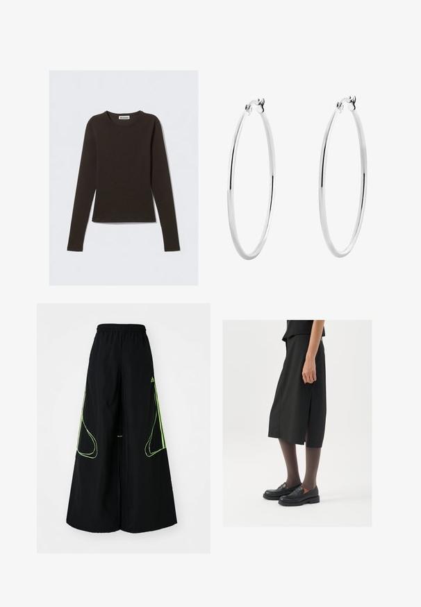 Maglietta a maniche lunghe di colore marrone scuro, realizzata in un tessuto morbido ed elastico. Presenta un colletto rotondo e una vestibilità aderente. L'etichetta reca la scritta "WEEKDAY."; adidas Originals TEAMGEIST - Pantaloni sportivi - black/signal green; Gonna nera alla lunghezza del ginocchio con spacco laterale, abbinata a mocassini neri e collant trasparenti marroni, caratterizzata da un tessuto liscio e un design semplice.; Orecchini a cerchio in argento con una superficie liscia e lucida e una forma circolare sottile. Il design presenta una chiusura sicura.