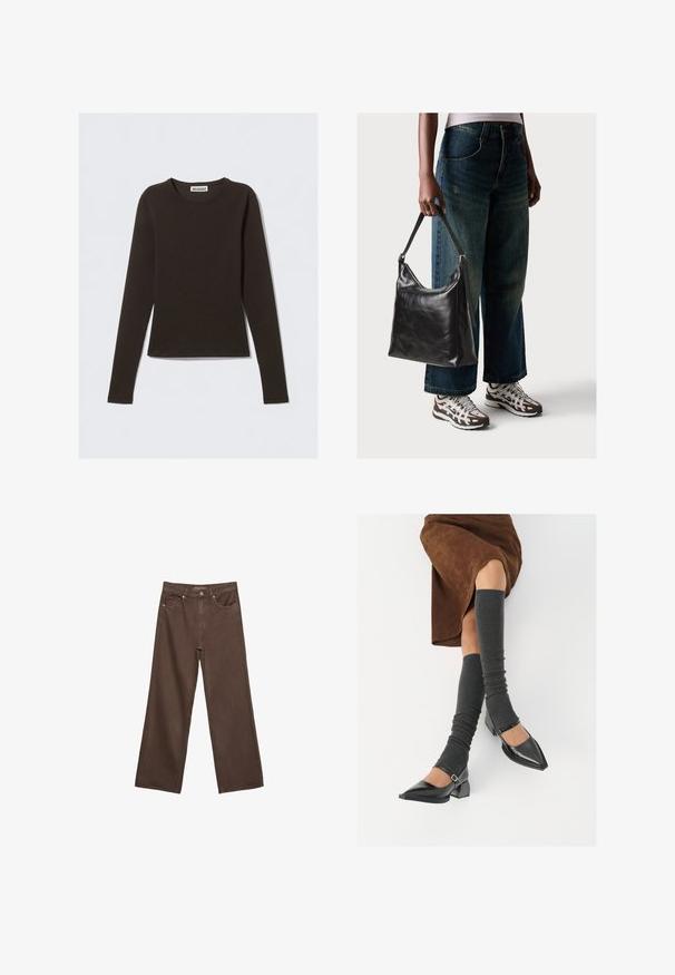 Langærmet top i mørkebrun, lavet af blødt, strækbart stof. Har en rund halsudskæring og en tætsiddende pasform. Mærket hedder "WEEKDAY."; Bredde ben brun denim jeans med høj talje, forlommer og klassisk knaplukning. Glat tekstur med diskret syninger.; Sorte patenterede lædersko med spids tå, blokhæl og ankelrem, kombineret med grå ribbede benvarmere og en brun ruskinds nederdel.; Sort læder skuldertaske med en glat tekstur og justerbar skulderrem, parret med faded brede bukser og atletiske sneakers.