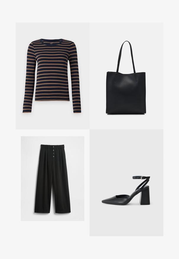 Garās piedurknes tumši zila krekliņš ar brūnām horizontālām svītrām un apaļu kakla izgriezumu, attēlots uz balta fona.; Platas kājas melni bikses, izgatavotas no teksturēta auduma. Iezīmēts augsts viduklis, piecu pogu priekšpusē ar aizdari, un nospiesti pleci papildu detaļai.; Melna ādas augstpapēžu kurpe ar norakstīto purngala formu, potītes siksniņu un masīlu papēdi. Gluda tekstūra, elegants dizains un minimālisma estētika.; Melnas ādas somiņa ar gludu tekstūru, taisnstūra formu un divām garām rokturiem. Nav redzamu aparatūras vai rotājumu.