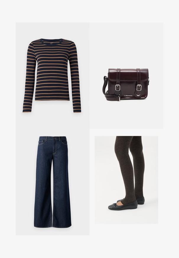 Hosszú ujjú sötétkék ing barna vízszintes csíkokkal és kerek nyakkivágással, fehér háttér előtt kiállítva.; Sötét kék farmer széles lábú nadrág. Kontrasztos varrással, öt zsebhálóval és gombos derékzárással rendelkezik. Simás textúra.; Fekete lapos cipők kis masni díszítéssel az orrán, sötétbarna bordázott harisnyával párosítva. A cipők sima textúrával és alacsony profilúak.; Burgundy lakkbőr keresztpántos táska téglalap alakú, két pánttal, ezüst színű szerelvényekkel és fedélzárral.