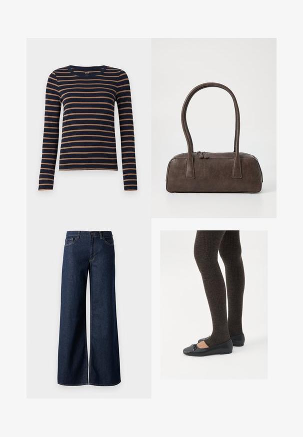 Langärmliges navyblaues Hemd mit braunen horizontalen Streifen und Rundhalsausschnitt, vor einem weißen Hintergrund präsentiert.; Weite Jeans in dunkelblauem Denim. Merkmale sind kontrastierende Nähte, fünf Taschen und ein Knopfverschluss an der Taille. Glatte Textur.; Schwarze flache Schuhe mit einem kleinen Schleifendetail an der Zehe, kombiniert mit dunkelbraunen gerippten Strumpfhosen. Die Schuhe haben eine glatte Textur und ein niedriges Profil.; Braune Lederhandtasche mit zwei stabilen Griffen, rechteckiger Form, glatter Oberfläche und Reißverschluss. Minimalistisches Design ohne sichtbare Muster.
