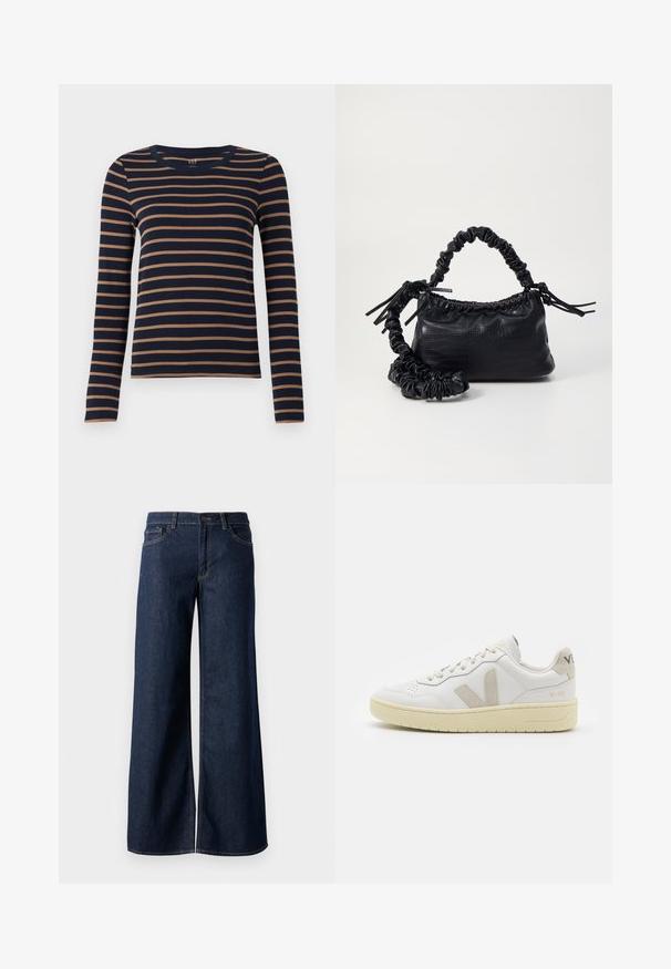 Navyblå langærmet skjorte med brune vandrette striber og rund halsudskæring, præsenteret mod en hvid baggrund.; Bredde ben jeans i mørkeblå denim. Har kontrastsyninger, fem lommer og en knaplukning i taljen. Glat tekstur.; Hvide lærreds sneakers med beige ruskindsdetaljer, perforeret tåboks, flade snørebånd og en struktureret cremefarvet sål. Har diskret branding på hælen.; Sort kunstlæder håndtaske med krokodilteksur, indsnøret top og en sammenkrøben rem. Ser blød og kompakt ud i designet.