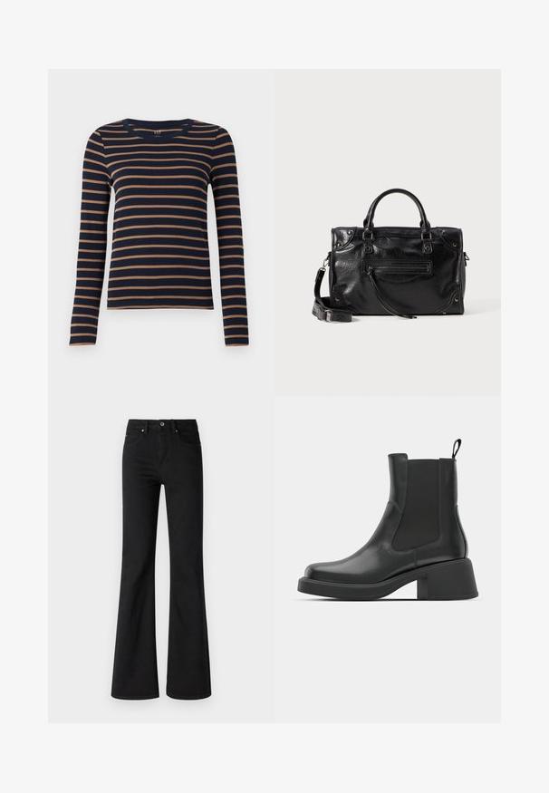 Pamučna plava košulja dugih rukava s smešnim horizontalnim prugama smeđe boje i okruglim izrezom, prikazana na bijeloj pozadini.; Crne traperice s proširenim nogavicama, visokog struka, s pet džepova, prednjim dugmetom i zatvaranjem na patentni zatvarač, glatke teksture.; Crne kožne gležnjače s elastičnim bočnim panelima, okruglim vrhom i debelim blok petama. Glatka tekstura s minimalističkim dizajnom.; Crna kožna torba s dva kratka ručka i odvojivim remenom za rame. Sadrži prednju zip džep i metalne detalje. Teksturirana površina.