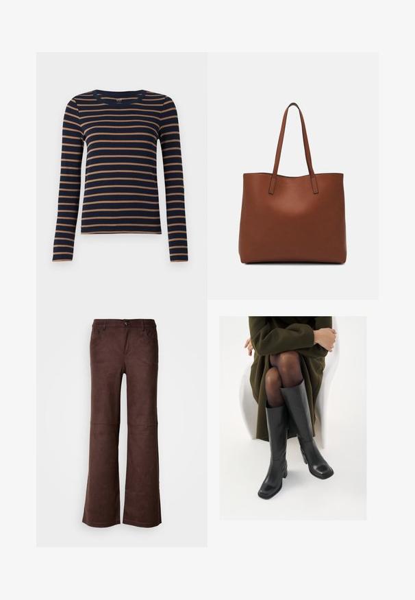 Navyblå langærmet skjorte med brune vandrette striber og rund halsudskæring, præsenteret mod en hvid baggrund.; Brune flagrende bukser i et blødt, suede-lignende stof. Har fire lommer, en knaplukning og en glat, tekstureret overflade.; Knæhøje sorte læder støvler med firkantet tå og blokhæl, vist med en model siddende i en olivengrøn frakke. Glat tekstur, minimal detaljer.; Brun læder tote taske med en glat overflade, åben topdesign og to skulderremme. Har minimal syning og ingen synlig hardware.