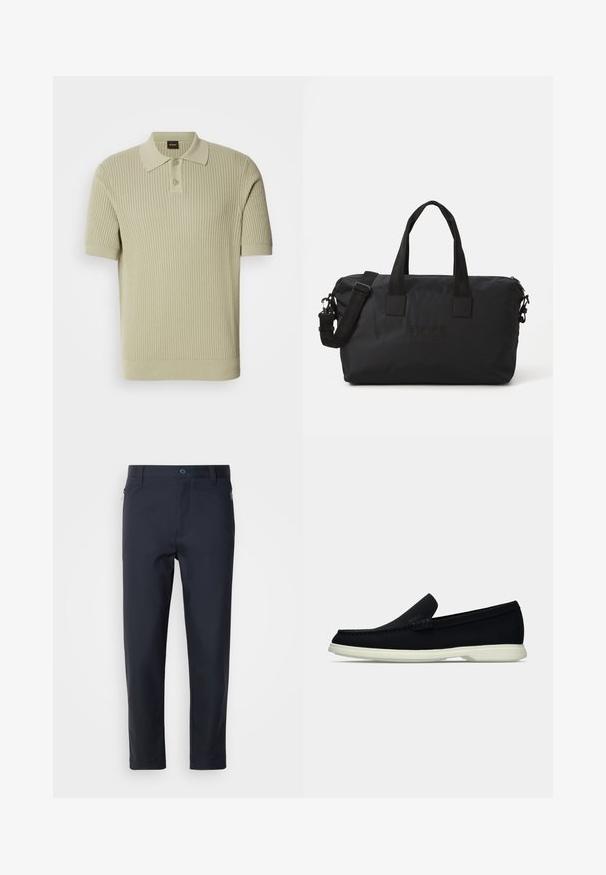 Polo de color verde claro, de canalé, con manga corta, que presenta una tapeta de botones y un cuello plano. Textura de punto suave con un ajuste ceñido.; Pantalones de traje azul marino, confeccionados en una tela suave, con un bolsillo con cremallera, perneras rectas y un cierre de botón en la cintura.; Zapato negro sin cordones con puntera redondeada, que presenta una parte superior texturizada, suela blanca lisa y un discreto detalle de marca en el lateral.; Bolsa de gimnasio de nylon negro con dos asas en la parte superior y una correa de hombro desmontable. Presenta un logo en relieve y una textura suave con cierre de cremallera.