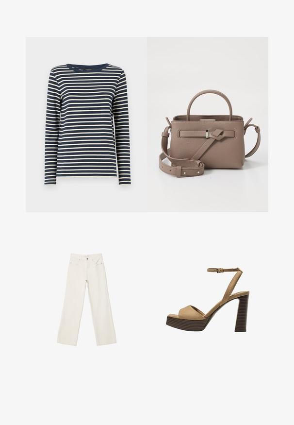 Weekend Max Mara ERASMO - Langærmet T-shirt - blu marino; Hvide brede bukser lavet af denim, med høj talje, frontlommer og knaplukning. Renset design med minimale accenter.; Beige ruskinds højhælede sandaler med en bred foranrem og ankelrem, der har en kraftig træblokhæls struktur.; Taupe tekstureret læderhåndtaske med tophåndtag, justerbar skulderrem og dekorativ knude detalje på en ren hvid baggrund.