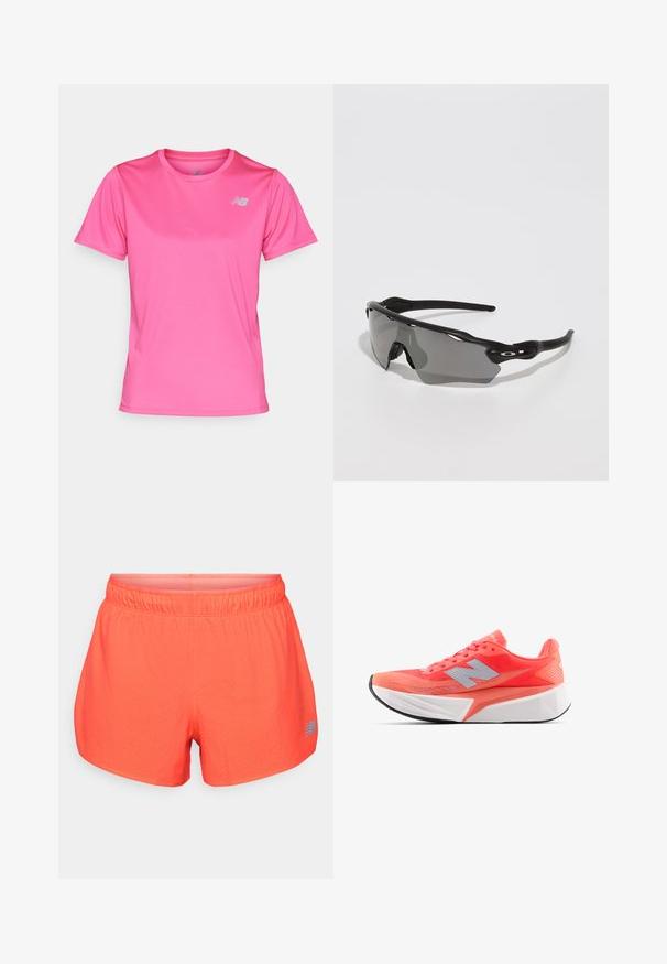 New Balance T-shirt desportiva - pink; Calções de corrida masculinos em corais brilhantes, feitos de um tecido respirável com textura perfurada. Apresentam uma cintura elástica e um detalhe em logótipo azul.; Shoe de corrida leve em um vibrante coral com parte superior em malha e logotipo prateado. Entressola branca texturizada distinta e sola de borracha preta.; Óculos de desporto pretos com um design elegante, lentes envolventes, lentes com tonalidade cinza e hastes texturizadas em preto. Sem logótipos visíveis.