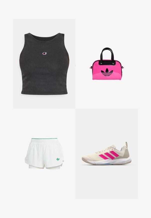 Black ribbed crop top with a round neckline, featuring a small embroidered logo on the chest and a fitted design.; White athletic shorts with a layered design, elastic waistband, green accents, and a small green logo on the lower left side.; Beige athletic shoe with pink three-stripe logo, textured mesh upper, padded collar, and white rubber sole, featuring "LIGHTSTRIKE" branding.; Pink patent handbag with a black logo and handles, featuring a rounded shape and zipper closure. Glossy texture enhances visibility.