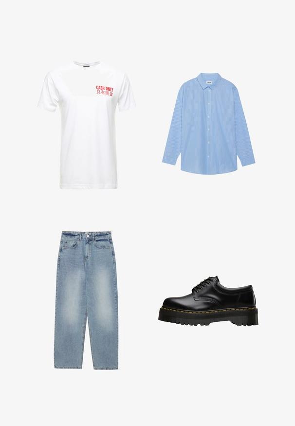 Camiseta de algodón blanca de manga corta, con texto impreso en rojo en el lado izquierdo del pecho que dice "SOLO EFECTIVO" y su equivalente en chino.; Camisa de manga larga a rayas azul y blanca con cuello clásico, cierre de botones en la parte delantera y dobladillo redondeado. Fabricada con un tejido ligero.; Jeans de denim azul claro con un corte holgado, diseño de pierna recta, cinco bolsillos y cierre de botón en la cintura. Textura suave.; Zapato negro de cuero con cordones, con una suela de goma negra gruesa y serrada, y costuras amarillas a lo largo del borde, presentando un acabado suave.
