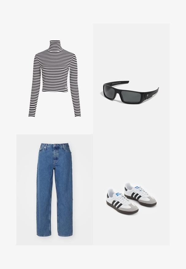 Fekete-fehér csíkos garbó felső hosszú ujjakkal és rövidített dizájnnal, bordázott anyagból készült. A hem alatt kis márkalogó található.; Világoskék farmernadrág magas derékkal, egyenes szárú fazonnal, öt zsebbel és enyhén kopott textúrával. Rögzítő szegecs és gombzár.; Fehér bőr felsőrészes sportcipő, szürke velúrból készült orral és három fekete csíkkal. Jellemzője a kék logó a nyelvén és egy texturált gumitalp.; Fekete napszemüveg téglalap alakú kerettel, sötétszürke lencsékkel és sima műanyag bevonattal. Jeles logó hangsúly a szélén.