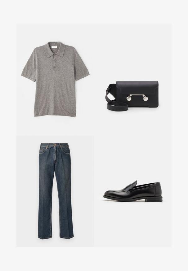 Szürke póló, texturált kötött anyagból készült. Galléros nyakkivágással és három gombos gombolással rendelkezik. Rövid ujjak.; Sötétkék egyenes szárú farmernadrág elülső gombbal, cipzáros behúzással, dupla elülső zsebekkel és lábszárakon látható függőleges ráncokkal.; Fekete bőr loaferek sima textúrával, kerek orral és dekoratív pánttal a vampnál. Alacsony, rétegelt sarkú, minimalista dizájn.; Fekete bőr keresztpántos táska hajtókával, ezüst színű kiegészítőkkel és két kerek díszítéssel. Levehető pánttal rendelkezik. Simább textúrájú.