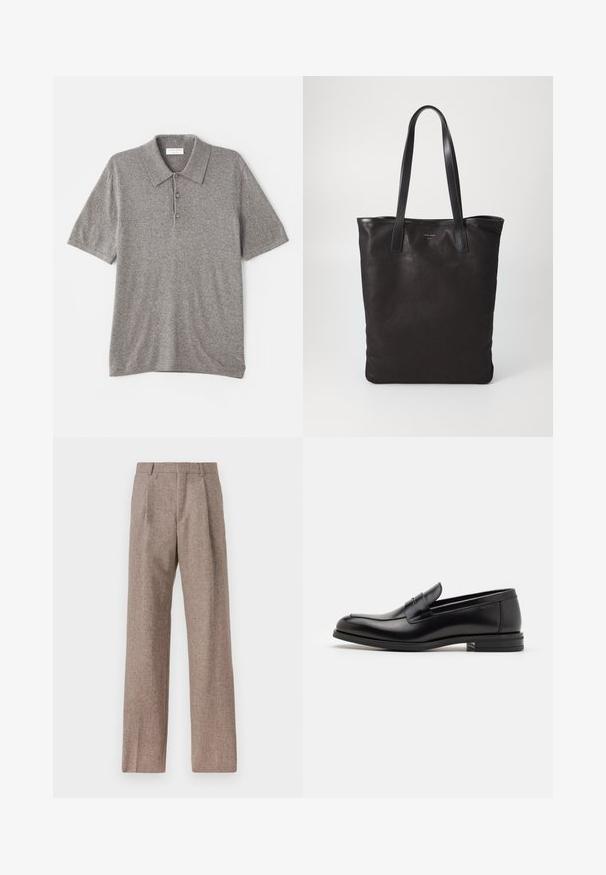 Pelēka polo krekliņa izgatavots no teksturēta adījuma auduma. Tam ir apkakles dekoltē un trīs pogu aizdare. Īsas piedurknes.; Brūni, augstos šortos izgatavoti no teksturēta auduma. Iezīmē plašas kājas un divas priekšējās krokas, kas nodrošina struktūru. Kārtīga apdare bez redzamām detaļām.; Melnas ādas kurpes ar gludu tekstūru, noapaļu purngalu un dekoratīvu siksniņu pāri priekšpusei. Zems sakrauts papēdis, minimālisma dizains.; Melnas auduma iepirkumu soma ar melnām ādas rokturiem. Vienkāršs dizains, plaša forma un gluda tekstūra. Nav redzamu logo vai rakstu.
