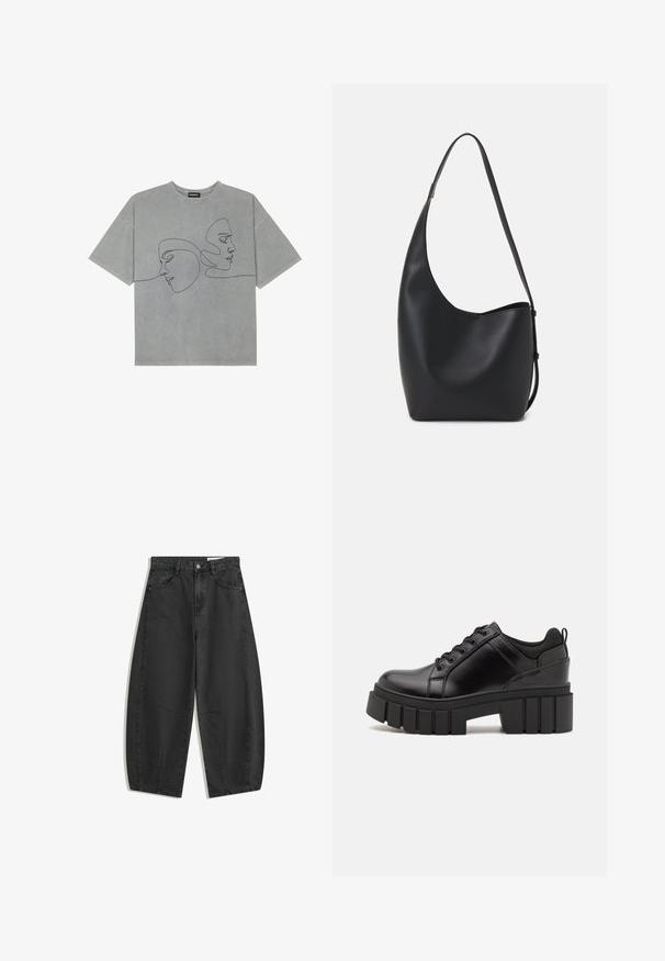 Grijze katoenen T-shirt met korte mouwen, voorzien van minimalistische zwarte lijntekeningen van twee gezichten op de voorkant, ronde halslijn en een ontspannen pasvorm.; Zwarte wijde jeans met hoge taille, voorzakken, riemlussen en knoopsluiting, plat weergegeven op een witte achtergrond.; Zwarte leren platform schoenen met een stevige blokhak, ronde neus en een traditionele vetersluiting. Kenmerkt zich door een gladde textuur en minimale details.; Zwarte leren hobo tas met een gladde textuur, kromme vorm en een enkele verstelbare schouderband; heeft een brede opening aan de bovenkant.