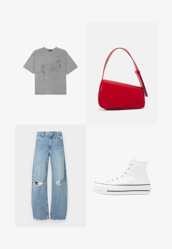 Grå bomulds T-shirt med korte ærmer, der har minimalistisk sort line-art af to ansigtstræk på forsiden, rund halsudskæring og afslappet pasform.; Lysblå, højtraljede jeans lavet af denim. Har brede ben, to huller ved knæene og klassisk fem-lommes stil.; Hvide høje kanvas sneakers med sort gummisål, gummitåhætte foran og seks øjehuller til snørebånd, der har et rent, minimalistisk design.; Rød læderhåndtaske med et kantet, geometrisk design. Har en enkelt justerbar rem og en klaplukning med syede detaljer.