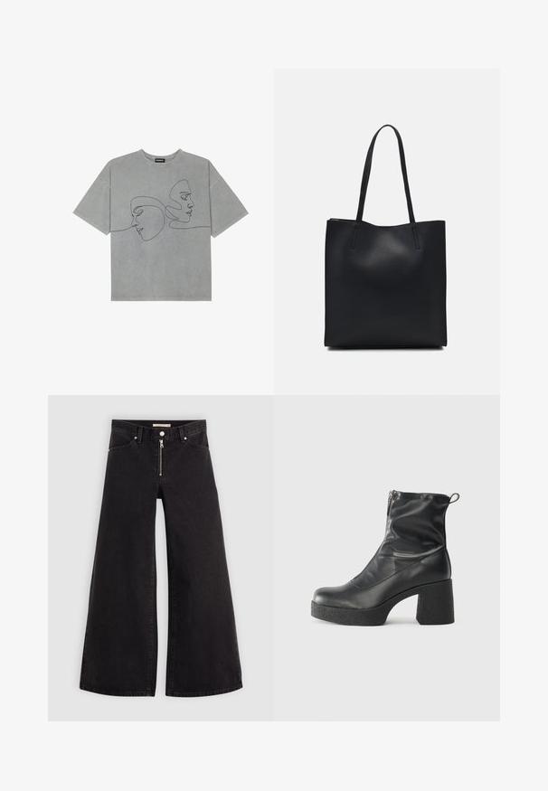Sivá bavlnená tričko s krátkymi rukávmi, s minimalistickou čiernou čiarovou kresbou dvoch tvárí na prednej strane, okrúhlym výstrihom a voľným strihom.; Dlhé nohavice vo voľnom strihu z čierneho denimu so zipsom vpredu, päť vrecúškovým dizajnom a jemnými stehovými detailmi. Hladká textúra a neformálny štýl.; Čierne členkové topánky z hladkej kože, so bočným zipsom, robustnou textúrovanou pätnou časťou a zaobleným dizajnom špičky.; Čierna kožená taška na rameno s hladkým povrchom, obdĺžnikovým tvarom a dvoma dlhými uchami. Bez viditeľného kovania alebo ozdôb.