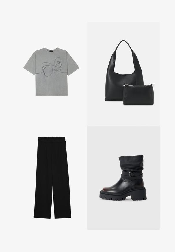 Grijze katoenen T-shirt met korte mouwen, voorzien van minimalistische zwarte lijntekeningen van twee gezichten op de voorkant, ronde halslijn en een ontspannen pasvorm.; Zwarte wijde broek met een gerimpelde tailleband, voorzien van twee zijzakken en een soepele, lichte stof. Geen zichtbare patronen of hardware.; Zwarte leren enkelboot met een slappe schacht, gespsluiting en een dikke, robuuste zool. Beschikt over een ronde neus en een gladde textuur.; Even&Odd Handtas - black
