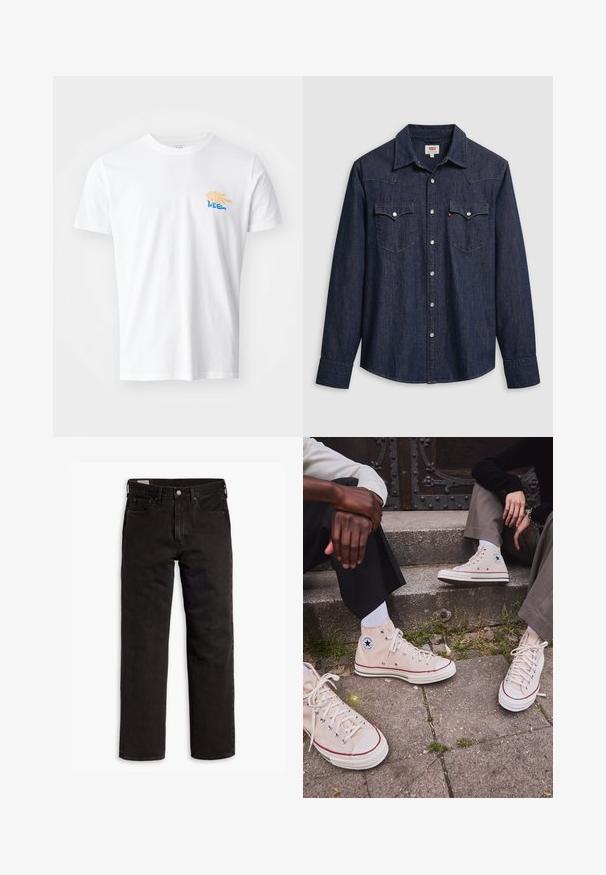 Valkoinen puuvillapaita, jossa on pyöreä pääntie ja lyhyet hihat. Paidassa on värikäs grafiikka, jossa on keltaisia ja sinisiä elementtejä rinnan kohdalla.; Tummansininen farkkupaita, jossa on terävä kaulus, painonapit ja rintataskut. Paitaan kuuluu ompeludetaljeja ja pitkät hihat.; Mustat suorat farkut, joissa on viisi taskua, nappisulku ja vyölenkit, aseteltuna tasaisesti valkoista taustaa vasten.; Korkean varren beige kangastennarit, joissa on punainen raita, valkoinen kumipohja ja metalliset silmukat, sekä ikoninen tähti-logo sivussa.