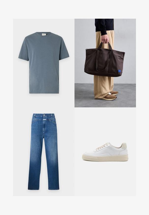 Koszulka z krótkim rękawem z miękkiej, średnio niebieskiej bawełny. Charakteryzuje się klasycznym okrągłym dekoltem, prostym krojem i minimalnymi detalami w szwach.; Niebieskie dżinsy o prostym kroju nogawki, z zapięciem na guzik, szlufkami na pasek i delikatnym wyblaknięciem na udach.; Białe sneakersy z gładką skórzaną cholewką, beżowymi sznurówkami i teksturowanym beżowym zapiętkiem ze zamszu. Podwyższona podeszwa dla dodatkowej wysokości.; Brązowa torba tote z nylonu, z podwójnymi uchwytami, zamknięciem na zamek błyskawiczny i niebieską naszywką z logo. Gładka tekstura, zorganizowany design, przestronne wnętrze.