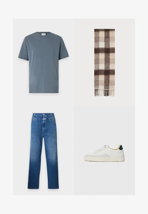 Trumpas rankovės marškinėliai iš minkšto, vidutinio mėlynumo medvilnės. Savinasi klasikinį apvalų iškirpimą, tiesų kirpimą ir minimalias siuvimo detales.; Mėlynos džinsinės kelnės tiesaus kirpimo, su sagų uždarymu, diržo kilpomis ir lengvu blukimu ant šlaunų.; Baltos sportbačiai su zomšos akcentais, apvaliu nosiu, plokščiais raišteliais ir kreminės spalvos guminiu padu. Ant kulno yra žalia ženklinimo detalė.; Vilnonis šalikas su languotu raštu, kreminės, smėlinės ir tamsiai rudos spalvų, su pūstais kraštais ir švelnia, tekstūrine apdaila.