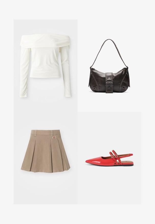 Vállnélküli, hosszúujjú, krémfehér felső, sima anyagból készült, testhez simuló fazonnal és ráncolt részlettel a nyaknál.; Beige, pliszírozott szoknya textúrált anyagból. Az övrészén övhurkok találhatók, és a bal elülső oldalon logó folt díszíti.; Piros lakkbőr slingback lapos cipők hegyes orral és két keresztbe feszített pánttal, négyzet alakú fém csatokkal díszítve. Alacsony sarkú kivitel.; Barna bőr válltáska ívelt formával, kiemelkedő csattal, kontrasztos varrással és egyetlen vállpánttal.