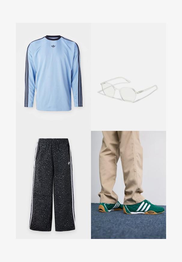 Camisa de manga longa azul clara com detalhes pretos e três riscas ao longo das mangas, apresentando um pequeno logotipo preto no peito. Tecido suave.; adidas Originals GRAPHIC UNISEX - Calças de fato de treino - black; Ténis verde acolchoados com riscas brancas e solas de borracha castanha, combinados com calças beige. O design apresenta um perfil baixo e material texturizado.; Óculos octogonais transparentes com lentes claras e aros de plástico transparente e fino. As características incluem detalhes subtis nas bordas do aro.