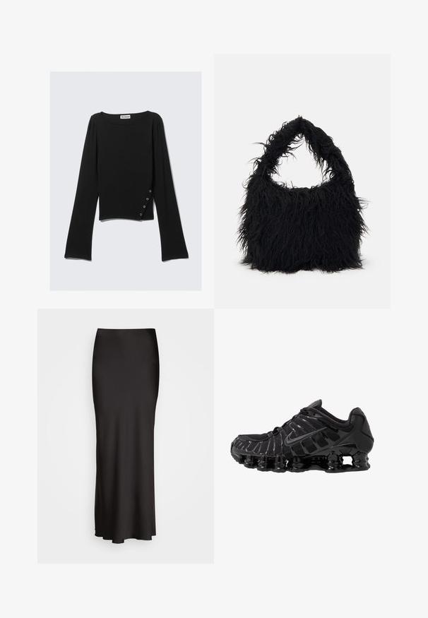 Svart langermet topp laget av glatt stoff, med båtutringning, kort lengde og en sidedetalj med sølvknapper.; Svart, gulvlange satengsweater med en glatt tekstur, tilpasset livlinje og A-formet silhuett, uten synlige dekorasjoner eller mønstre.; Sorte joggesko med mesh-overdel og glansfulle detaljer. Har buet fjæringssystem og teksturerte linjer på siden. Nike-logoen er synlig.; Even&Odd Shoppingveske - black