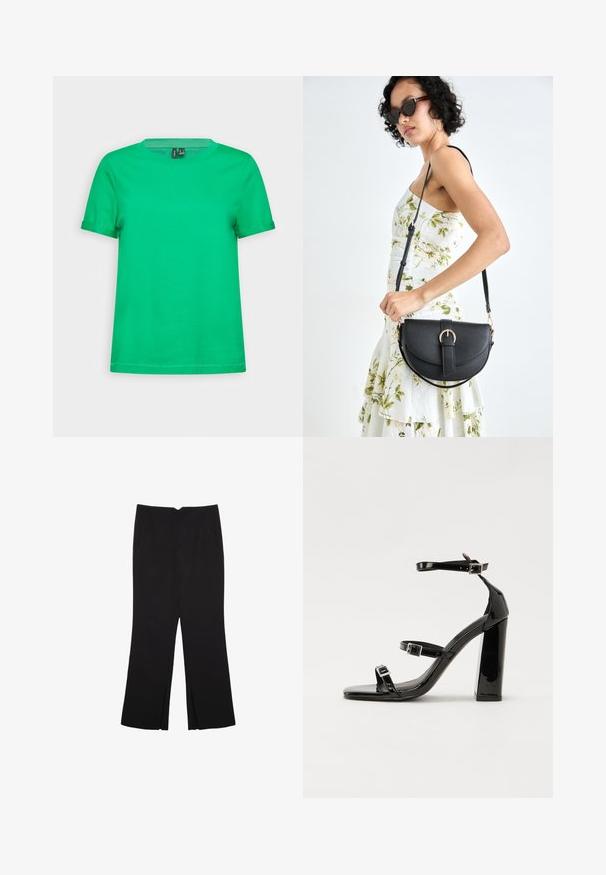 Zelené bavlnené tričko s okrúhlym výstrihom a krátkymi rukávmi. Hladká textúra, jednoliata farba a rovný lem. Bez vzorov alebo kovania.; Čierne nohavice so strihom rovného strihu, s prednými vreckami a bočnými rozparkami na leme. Vyrobené z mäkkej, hladkej tkaniny. Vhodné na rôzne príležitosti.; Čierne lakované sandále na podpätku so štvorcovou špičkou, navlečenými remienkami okolo členku a striebornými prackami. Disponujú masívnym blokovým podpätkom pre stabilitu.; Čierna kožená kabelka s zaobleným tvarom, odnímateľným popruhom a zlatými doplnkami. Kabelka má klopu s detailom s prackou.