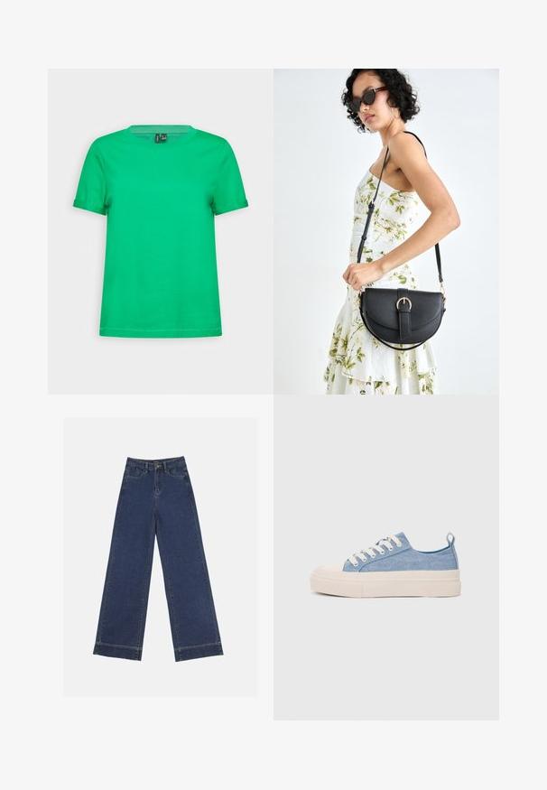 Green cotton T-shirt with a crew neckline and short sleeves. Smooth texture, solid color, and a straight hemline. No patterns or hardware.; Wide-leg jeans in dark blue denim. Features five pockets, belt loops, and a raw hem at the bottom with visible stitching details.; Light blue canvas sneakers with a cream rubber toe cap and outsole, featuring white laces and a pull tab on the heel.; Black leather handbag with a curved shape, detachable strap, and gold hardware. The bag features a flap with a buckle detail.