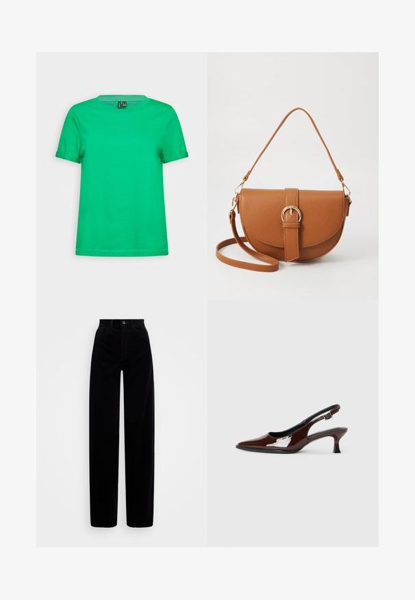 Žalias medvilninis marškinėliai su apvaliu kaklu ir trumpomis rankovėmis. Lygus paviršius, vientisa spalva ir tiesi apatinė dalis. Be raštų ar aksesuarų.; Juodi kordūriniai džinsai su aukštu liemeniu, plačiomis kojomis ir vienu užtrauktuku priekyje. Lygus paviršius su vertikaliomis dygsniais.; Rudos lakuoti odiniai slingback batai su smailiu pirštu ir vidutinio aukščio kulnu. Yra sagties dirželis, užtikrinantis tvirtą prigludimą. Lygus paviršius.; Ruda odinė kryžminė rankinė, turinti kreivą formą, auksinius metalinius elementus ir sagtį. Yra nuimama petneša.