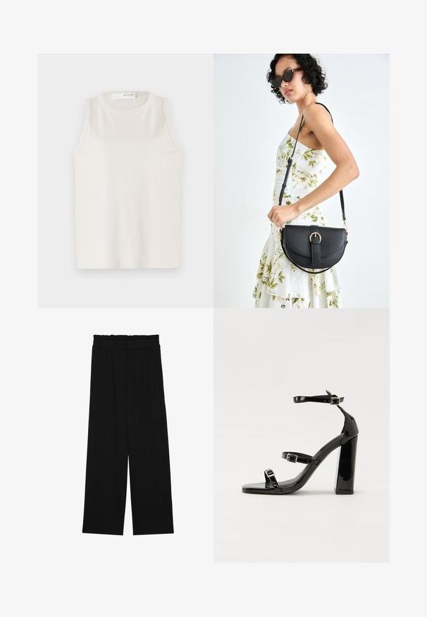 Balta be rankovių palaidinė, pagaminta iš minkštos, lygios medžiagos. Turi apvalų iškirpimą ir paprastą dizainą be puošmenų ar raštų.; Juodi platūs kelnes su volaniniu juosmeniu, turinčiu dvi šonines kišenes ir glotnią, lengvą medžiagą. Nėra matomų raštų ar detalių.; Juoda blizgi lakuota basutė su kvadratiniu pirštu, kulkšnies dirželiais ir sidabro sagtimis. Yra tvirta blokinė kulno konstrukcija, užtikrinanti stabilumą.; Juodas odinis krepšys su išlenkta forma, nuimamu dirželiu ir auksiniais detalėmis. Krepšys turi kilpą su sagtimi.