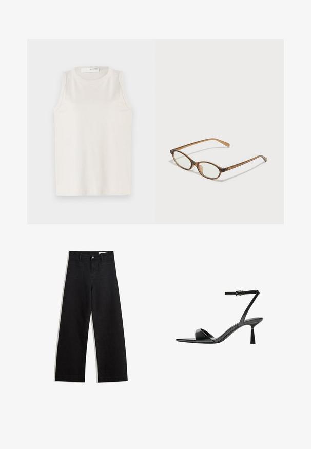 White sleeveless top made of soft, smooth fabric. Features a round neckline and simple design with no embellishments or patterns.; Black wide-leg denim pants with a high waist, featuring front and back pockets, stitched seams, and a button closure. Smooth texture.; Bershka High heeled sandals - black; Brown tortoiseshell glasses with oval lenses, thin arms, and transparent accents. Features a subtle logo on the temple. Sleek, lightweight design.
