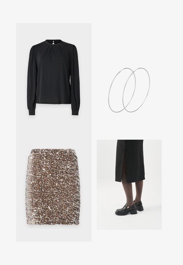 Čierna blúzka s dlhým rukávom a vysokým golierom, s nariaseným predným detailom a elastickými manžetami. Hladká látka s jemným leskom.; Hnedá mini sukňa so lesklou výšivkou, prispôsobená na telo, pokrytá odrazovými striebornými flitrami, vytvárajúcimi textúrový, trblietavý efekt.; Čierne kožené topánky s okrúhlou špičkou, silným blokovým opätkom a elastickými bočnými akcentmi, skombinované s tmavými pančuchami a čiernou sukňou so štiepením.; Strieborné kruhové náušnice s minimalistickým dizajnom. Cirkulárny tvar, hladký povrch a tenký profil. Ľahké s lesklým povrchom.