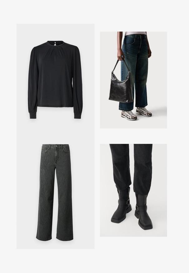 Schwarze Bluse mit langen Ärmeln und hohem Kragen, gerafftem Vorderteil und elastischen Manschetten. Glattes Material mit dezentem Glanz.; Weite Jeans aus dunkelgrauem Denim, mit einer subtilen Zebra-Muster-Struktur, kontrastierenden Nähten und einem Fünf-Taschen-Design mit einem Knopfverschluss.; Schwarze Leder-Stiefeletten mit eckiger Zehenpartie, ausgestattet mit einem breiten Riemen und metallischem Schnallen-Detail. Die Stiefel haben eine klobige Sohle und eine glatte Textur.; Schwarze Leder-Schultertasche mit glatter Textur und verstellbarem Riemen, kombiniert mit ausgewaschenen weit geschnittenen Jeans und sportlichen Sneakern.