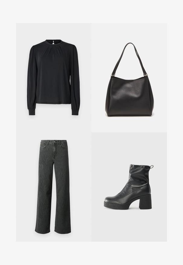 Bluză neagră cu mâneci lungi și gât înalt, cu detaliu fronsat în față și manșete elastice. Țesătură netedă cu o strălucire subtilă.; Blugi cu picioare largi din denim gri închis, cu o textură subtilă de model zebra, cusături în contrast și un design cu cinci buzunare, având un nasture pentru închidere.; Bocanci negri de glezna din piele netedă, cu fermoar lateral, toc texturat și masiv, și design cu vârf rotund.; Geantă de mână din piele sintetică neagră, cu o textură moale, formă hobo și două bretele pentru umăr; prezintă un finisaj lucios și un design minimalist.